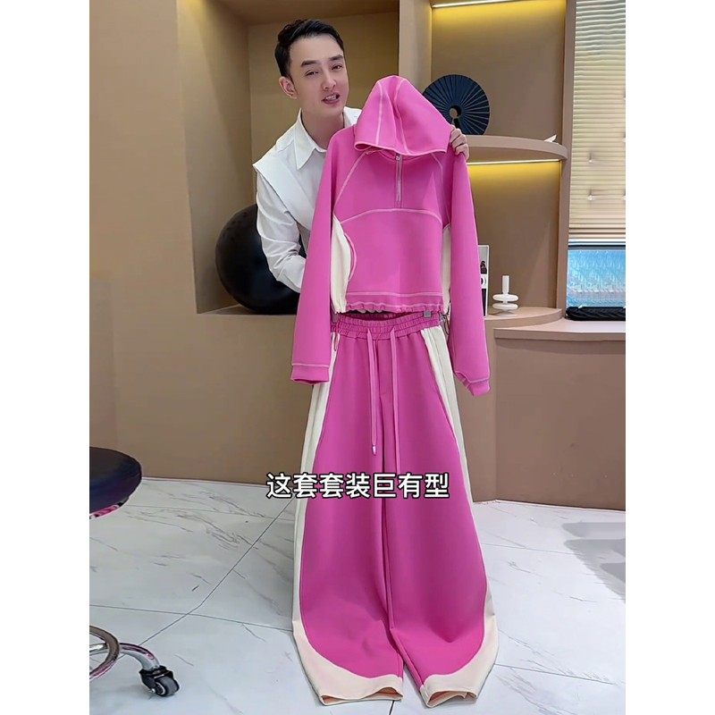 欧货休闲运动新款时尚洋气拼色连帽卫衣简约个性通勤长裤两件套女,淘宝优惠券,粉丝福利购,淘宝优惠卷