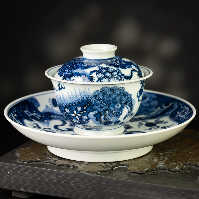 圣山仿元手绘青花双狮绣球陶瓷茶具盖碗套组景德镇手绘盖碗泡茶碗,淘宝优惠券,粉丝福利购,淘宝优惠卷