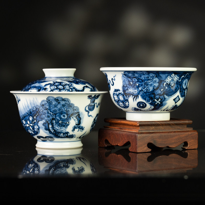 圣山仿元手绘青花双狮绣球陶瓷茶具盖碗套组景德镇手绘盖碗泡茶碗,淘宝优惠券,粉丝福利购,淘宝优惠卷