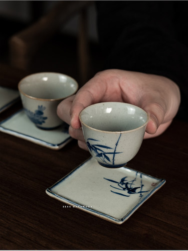 圣山粗陶杯托陶瓷茶托功夫茶具茶道配件手绘青花仿古茶杯垫 - 图0
