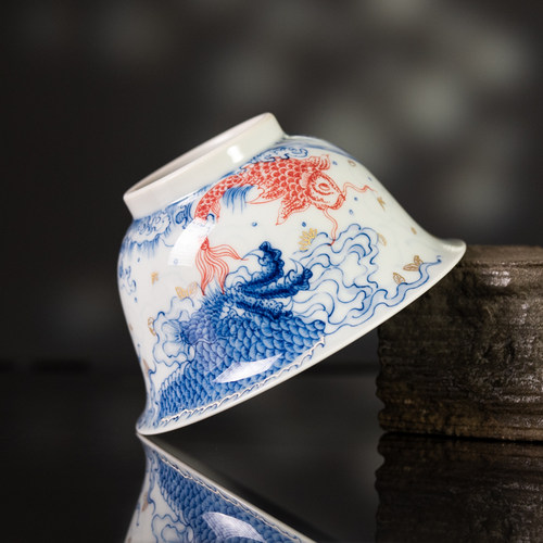 圣山景德镇仿古青花釉里红鱼化龙盖碗套组手工陶瓷茶具盖碗茶杯 - 图2