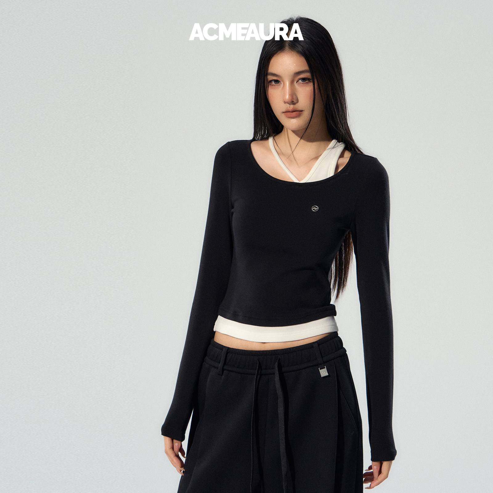 ACMEAURA予曦同款漂亮上衣女2025新款修身短款黑色长袖假两件上衣 - 图3