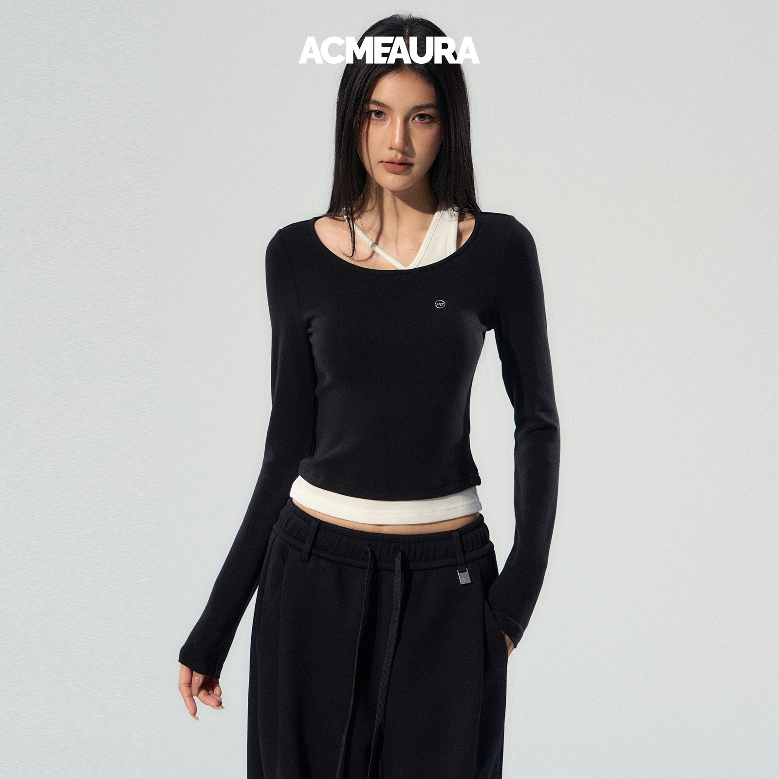 ACMEAURA予曦同款漂亮上衣女2025新款修身短款黑色长袖假两件上衣 - 图0