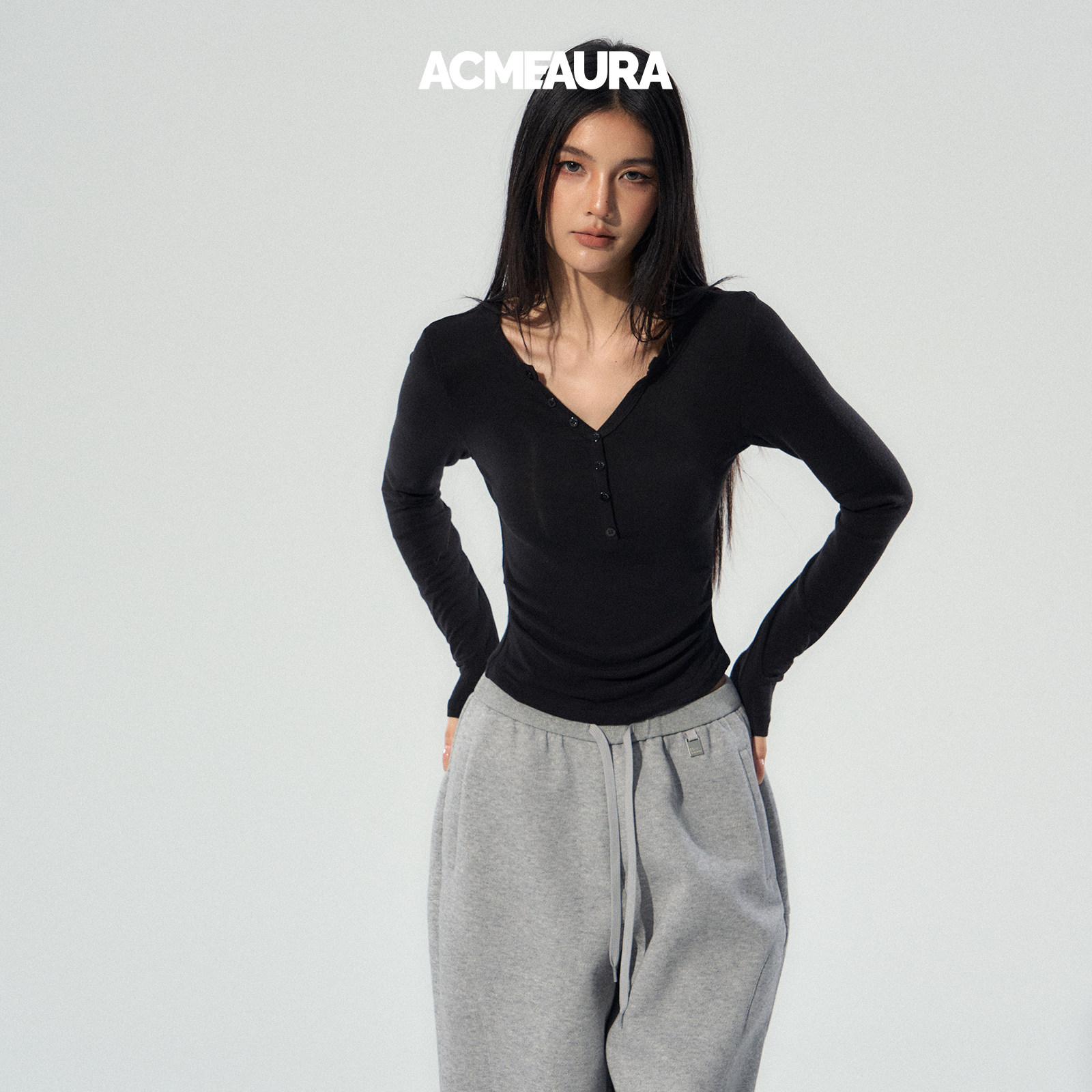 ACMEAURA巨好看的早秋上衣女内搭打底衫美式亨利领修身长袖T恤女 - 图0