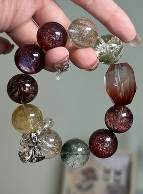 原创天然水晶彩兔毛金发晶彩幽灵彩胶花水晶手链【绯红圣诞】女款