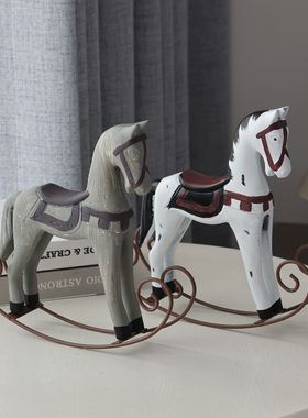 复古木质摇马摆件家居装饰品书房客厅工艺品田园风实木马造型装饰