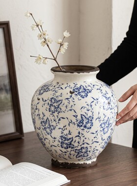 复古青花陶瓷圆腹花瓶玄关摆件