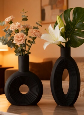 黑色陶瓷花瓶现代简约家居摆件
