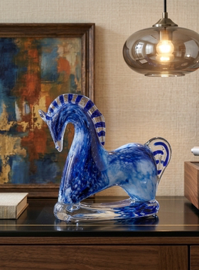 蓝色琉璃马欧式高级感摆件