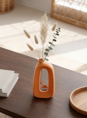 现代简约橙色陶瓷镂空花瓶摆件