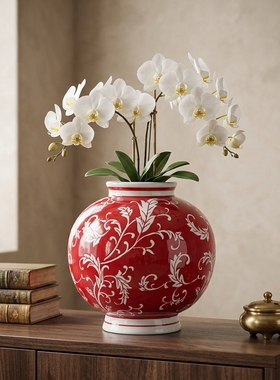 景德镇陶瓷红花鸟纹花瓶摆件