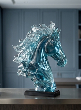 现代轻奢蓝色琉璃马摆件