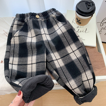 Boy integrated suede pants Winter new Korean version Ocean Gas Plaid Pants Children Clothing Casual Pants Children Plus Suede Trousers