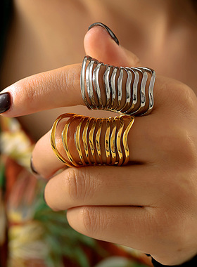 欧美时尚通勤镂空多层线条戒指复古夸张不锈钢镀真金骨关节食指戒