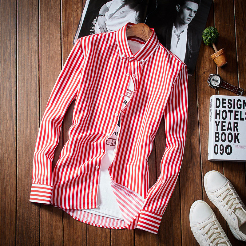 2018春季新款青少年男士长袖衬衫条纹修身打底学生发型师衬衣 - 图2