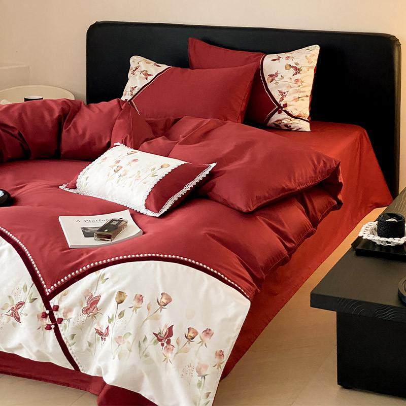 新中式婚庆床上四件套全棉100支长绒棉印花刺绣红色结婚被套床单,淘宝优惠券,粉丝福利购,淘宝优惠卷