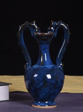 陶瓷器小花瓶摆件复古双耳瓷瓶客厅玄关装饰品钧瓷古董工艺品花瓶