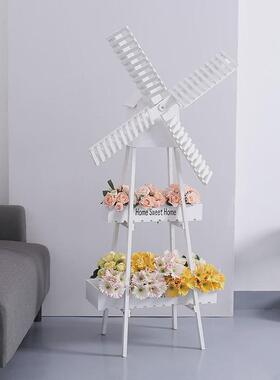 田园创意风车花架落地摆件家居阳台装饰品花店橱窗木质置物架摆放