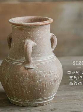 手工装饰烘烤复古双耳土罐陶瓷花瓶客厅落地现粗陶花器插花花瓶