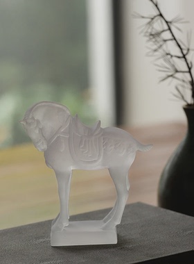 新中式白色透明磨砂动物马摆件客厅书房玄关装饰品博古架艺术摆设