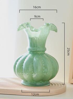 中古柔美顿瓷粉色南瓜形芬亮手工玻璃花瓶水养插花器家居装饰摆件