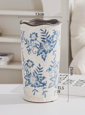 新中式青花瓷复古花瓶陶瓷冰装饰品插花器客厅玄关裂纹花器摆件