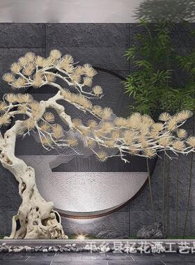 仿真松树大型室内装饰迎客松摆件实木雕刻假树盆景中式造景山水枯