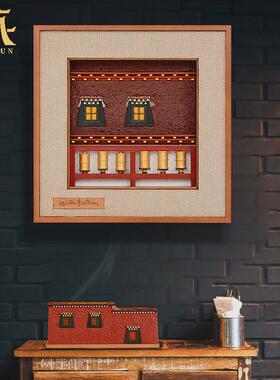 藏村非遗文创转轮挂画西藏建筑实木客厅玄关装饰画手工艺品壁画
