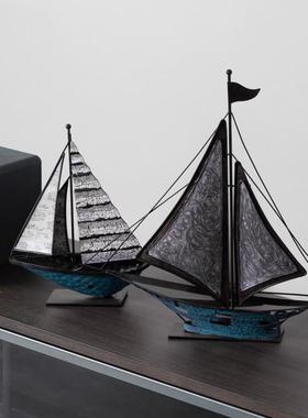 北欧乡村帆船摆件办公室办公桌书架客厅电视柜家居装饰品铁艺做旧