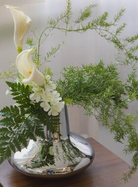 热销现代简约餐桌电镀银色玻璃插花客厅轻奢花瓶摆件高级感装饰品