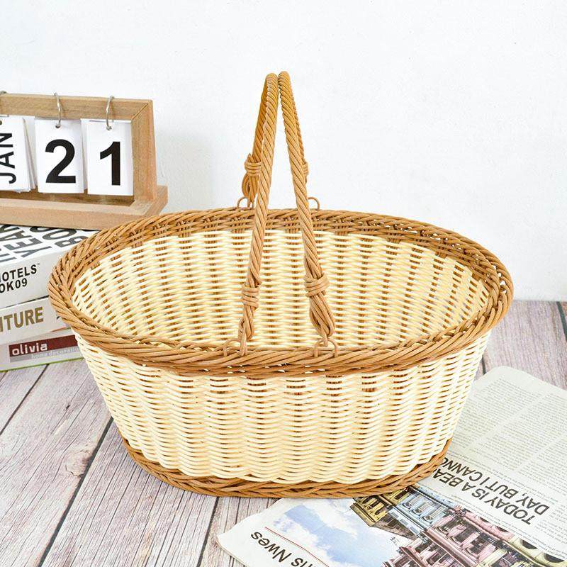 仿藤手工编织收纳篮户外水果采摘手提篮铁线圈加固收纳藤编野餐篮,淘宝优惠券,粉丝福利购,淘宝优惠卷