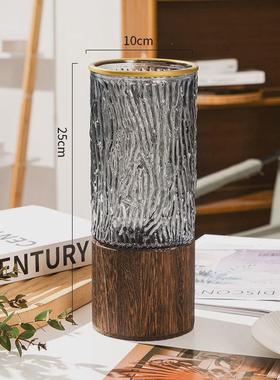 花瓶装饰摆件木托轻奢玻璃花瓶水养客厅中式插花ins风