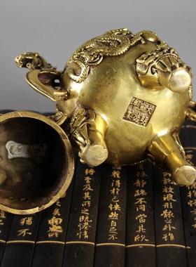 仿古古玩铜器收藏仿古纯铜双龙戏珠香炉年制宣德大明铜香炉摆件