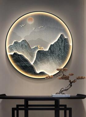 新中式入户玄关金山装饰画圆形山水挂画走廊过道壁画禅意茶室灯画