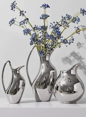 热销厂家直供现代简约银色电镀双圈圈陶瓷花瓶花器样板房客厅创意