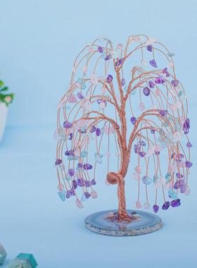 热销石头碎石绕线18枝树干弯曲原色玛瑙片底座树摆件原色玛瑙片底