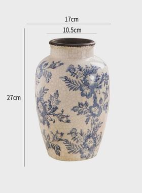 法式复古陶瓷花瓶青花瓷花瓶裂纹冰中古高级感网红客厅装饰品摆件