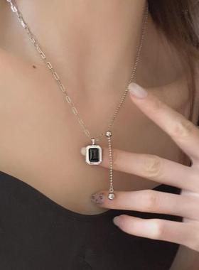 韩版重工黑色吊坠可抽拉长项链女时尚个性小众嘻哈叠戴百搭锁骨链
