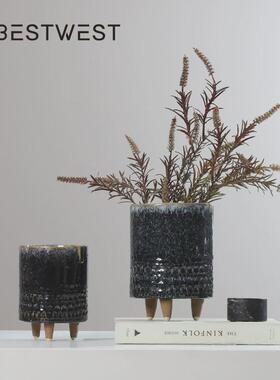 热销博西家居中式陶瓷做旧饰品陶瓷花瓶花器软装高脚插花瓶桌面摆