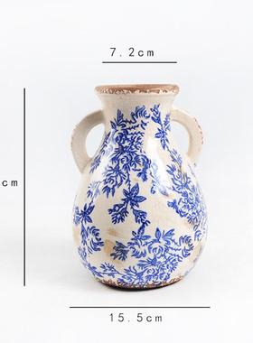 法式复古花瓶陶瓷冰裂纹做旧双耳花瓶水培插花摆件花瓶批发