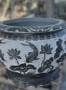 石雕仿古青石荷花缸鱼缸户外庭院别墅公园水缸石雕荷花圆形花盆