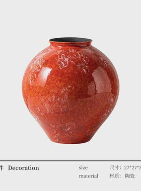 新中式禅意红色陶瓷陶罐家居客厅复古干枝花瓶茶室软装装饰品摆件