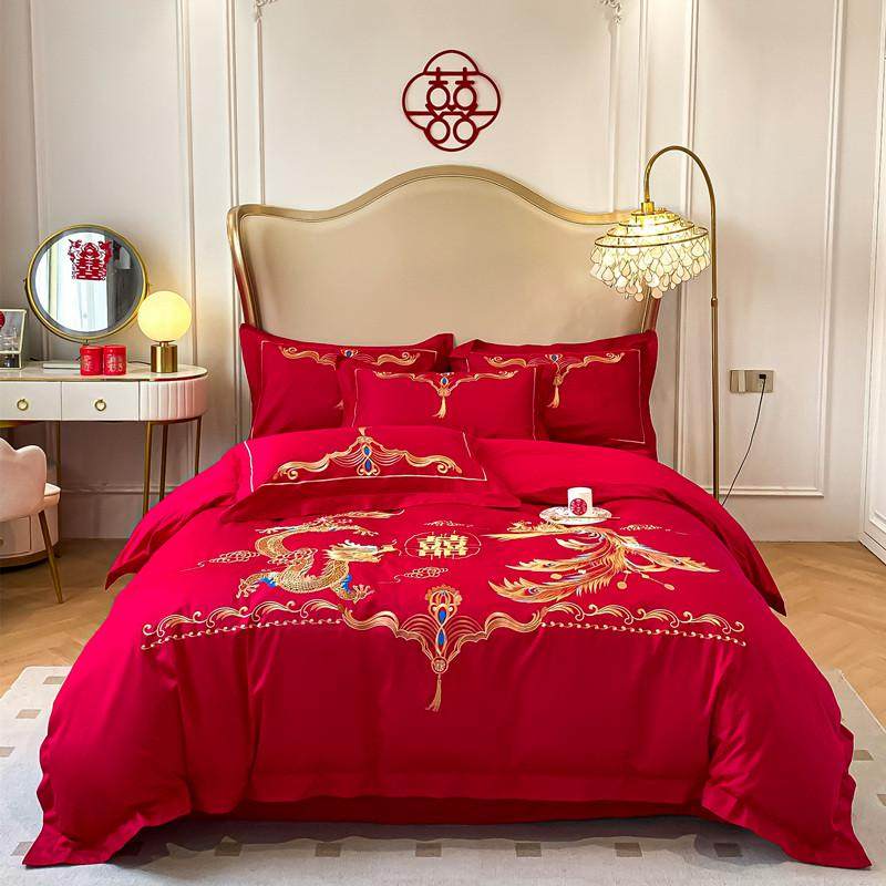 高级感新中式龙凤婚庆四件套纯棉大红色刺绣被套喜被结婚床上用品,淘宝优惠券,粉丝福利购,淘宝优惠卷