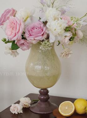 热销欣可家居铃兰中古法式奶玉拼色复古手工琉璃玻璃花瓶花器摆件