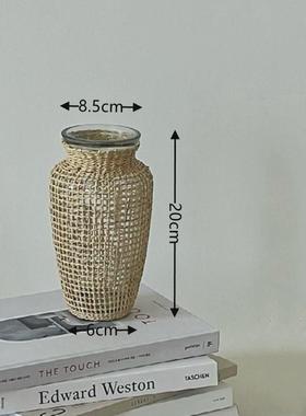 复古花瓶田园风玻璃花瓶手工编织工艺品插花道具干花花瓶藤编家居
