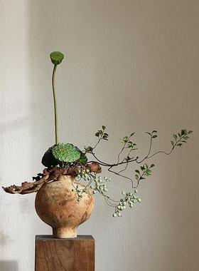 形上侘寂风实木墩底座柱子冯哲元花瓶客厅玄关木雕中式造景摆件