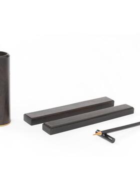 高档中国风文创简约毛笔装饰摆件紫光檀红木书房笔筒文房四宝套装