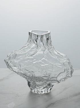 现代北欧轻奢新中式玻璃花瓶褶皱花器摆件家居样板房酒店会所饰品