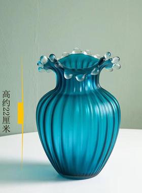 欧式简约蓝色浪花口玻璃花瓶家居客厅桌面摆件乔迁饰品样板房礼