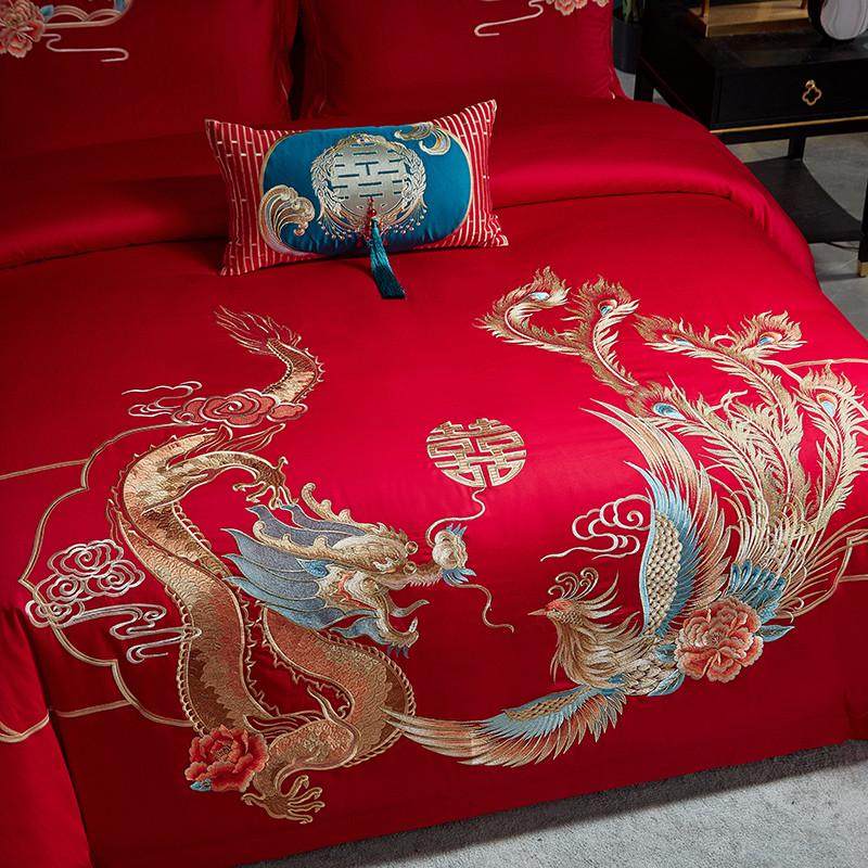 新中式大红色龙凤婚庆四六件套60支长绒棉纯棉被套结婚床上用品4,淘宝优惠券,粉丝福利购,淘宝优惠卷